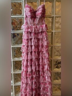Windsor Pink Floral Strapless Ruffle Tiered Maxi Dress